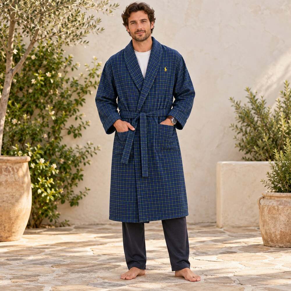 Polo Ralph Lauren Robe Mens S/M Blue Green Plaid Belted 100% Cotton Classic Prep
